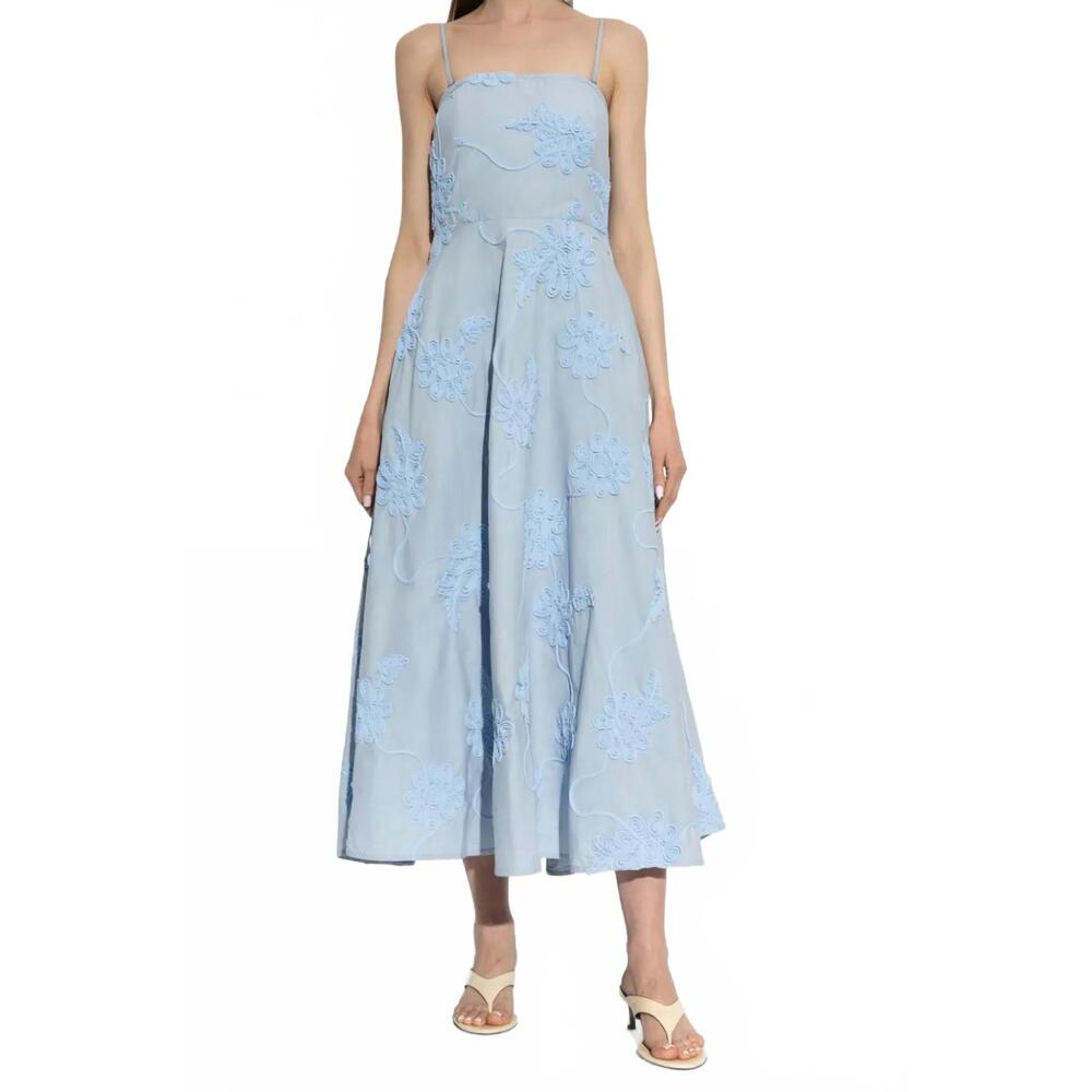 NEW ROTATE flared strapless midi dress in light blue